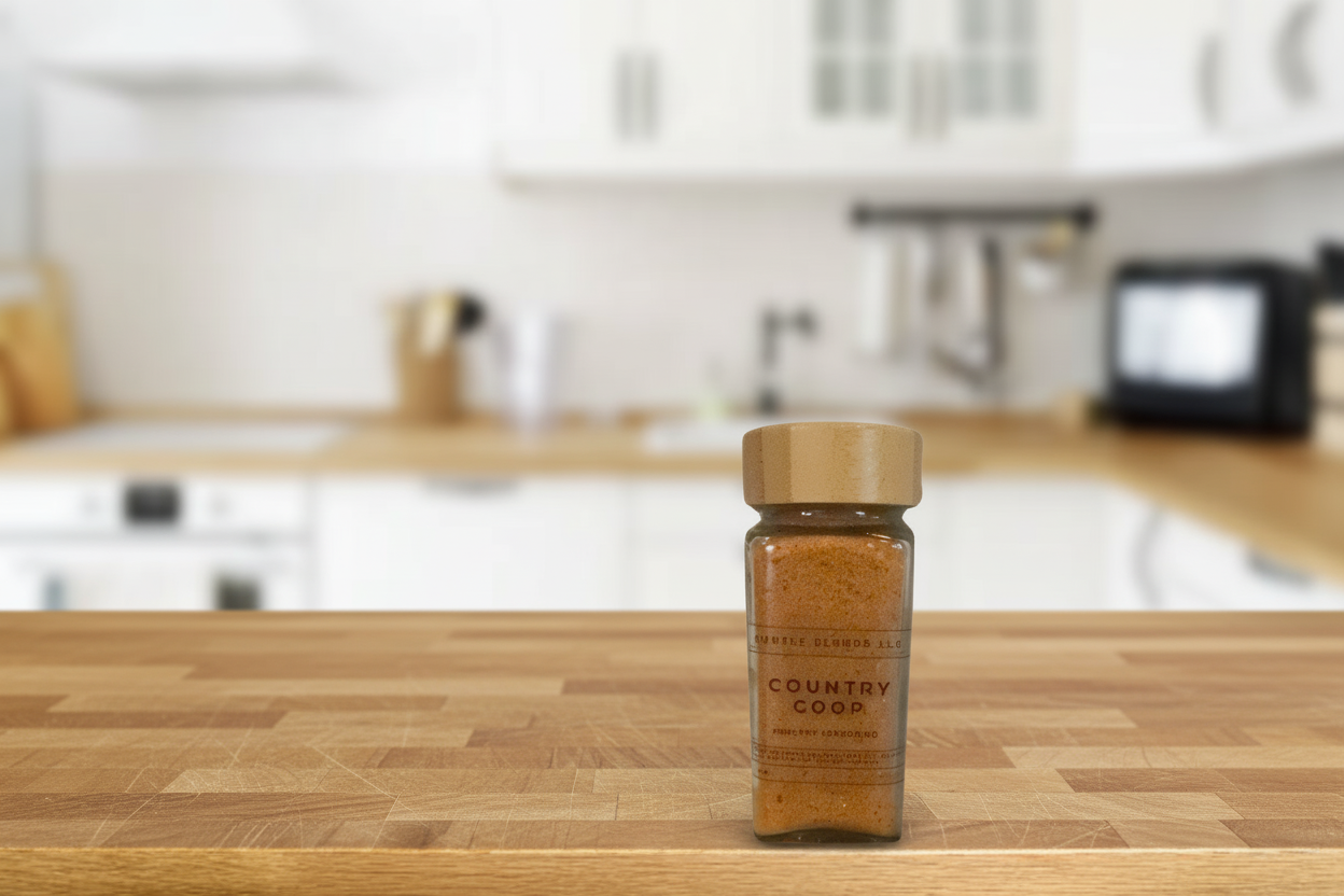 Jar of 'Country Cook' spice blend on a wooden kitchen counter.