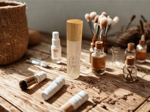 Cosmetic products including bottles, brushes, and containers on a wooden surface.