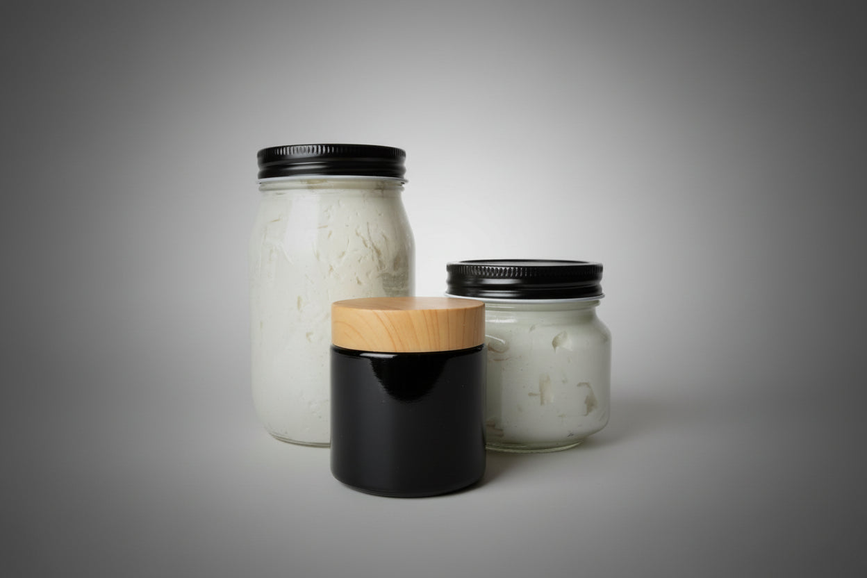 Glass jars with metal lids on a wooden surface
