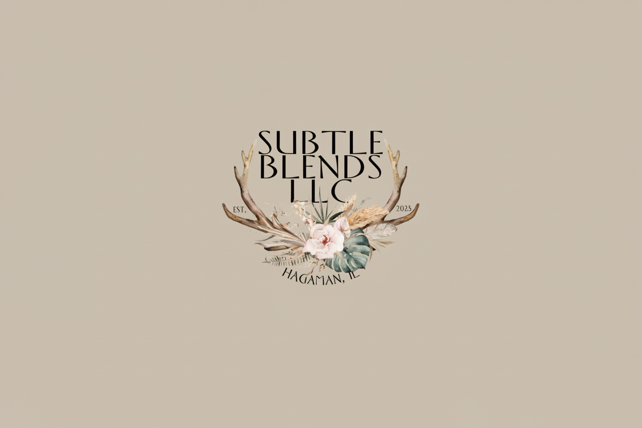 Logo for Subtle Blends LLC with antlers, flowers, and leaves on a white background